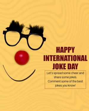 Image depicting a clown face with glasses and a red nose, celebrating International Joke Day.