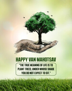 A hand holding a tree with the text 'Happy Van Mahotsav'
