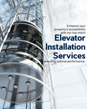 Modern glass elevator interior with promotional text for elevator installation services