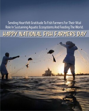 Silhouette of fish farmers casting a net at sunset with text 'Happy National Fish Farmers Day'