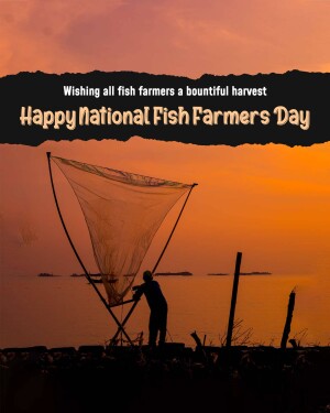 Silhouette of a fish farmer with a net against a sunset backdrop, celebrating National Fish Farmers Day.