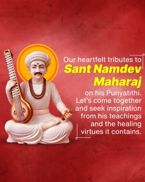 Image of Sant Namdev Maharaj with a musical instrument and text tribute.