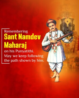 Image of Sant Namdev Maharaj with a temple background and text commemorating his Punyathithi.
