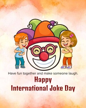 Illustration of children laughing with a clown face and text 'Happy International Joke Day'