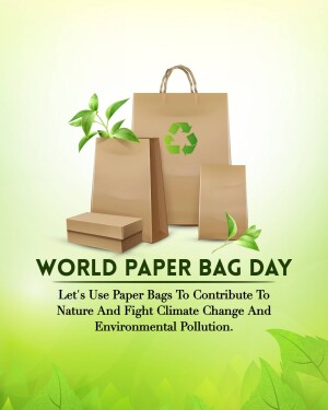 Stack of brown paper bags with green leaves and a recycle symbol, promoting World Paper Bag Day.
