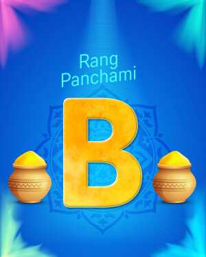 Rang Panchami festival graphic with letter B and color pots