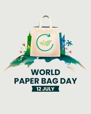Illustration for World Paper Bag Day featuring a paper bag with a recycling symbol and a city skyline.