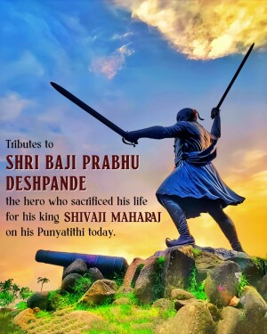 Statue of Baji Prabhu Deshpande with sword raised against a sunset background
