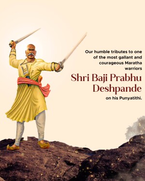 Portrait of Shri Baji Prabhu Deshpande with swords raised, commemorating his Punyatithi.