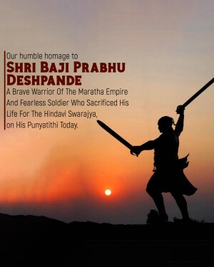 Silhouette of a Maratha warrior with a sword against a sunset backdrop, honoring Shri Baji Prabhu Deshpande.