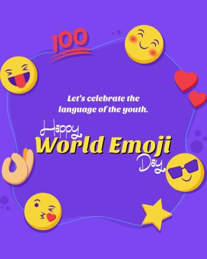 Colorful graphic celebrating World Emoji Day with various emojis and text.