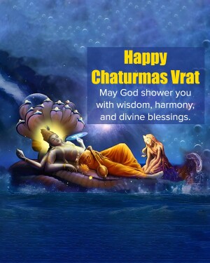 Image depicting Lord Vishnu resting on Sheshnag with Lakshmi, wishing Happy Chaturmas Vrat