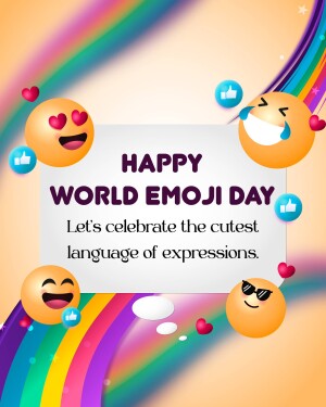 Colorful graphic celebrating World Emoji Day with smiling emojis and a rainbow.