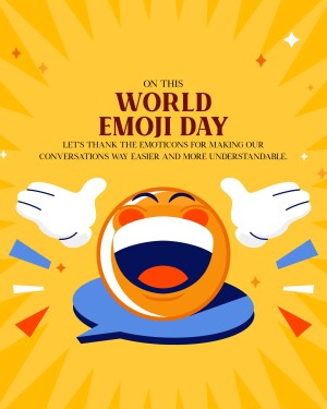 Illustration of a smiling emoji with hands raised in celebration for World Emoji Day.