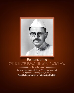 Black and white portrait of Shri Gulzarilal Nanda with text commemorating his Jayanti