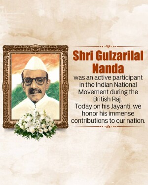 Portrait of Shri Gulzarilal Nanda with floral tribute