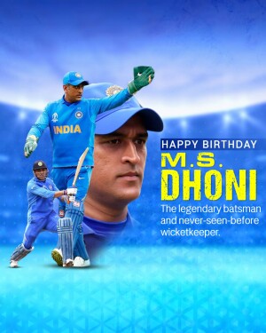 MS Dhoni birthday poster with images of the cricketer in action and a portrait.