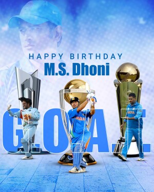 A birthday tribute poster featuring M.S. Dhoni and cricket trophies.