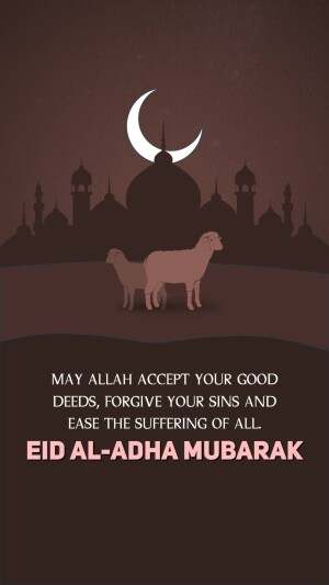 Eid al-Adha illustration with crescent moon, mosque, and sheep