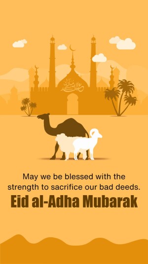 Eid al-Adha illustration with a mosque, camels, and a sheep