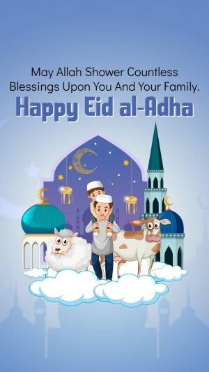 Eid al-Adha greeting with family, mosque, and animals