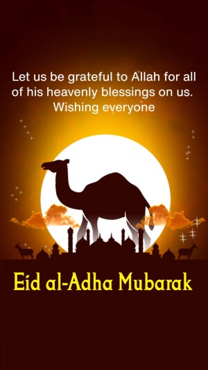 Eid al-Adha Mubarak image with a camel silhouette and mosque