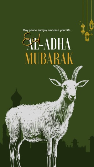Eid Al-Adha Mubarak with goat illustration and mosque background