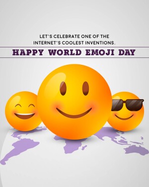 Three smiling emojis on a world map background celebrating World Emoji Day.