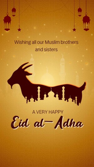 Eid al-Adha greeting card with a goat silhouette and mosque background