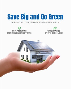 Hand holding a house with solar panels on the roof, promoting energy savings.