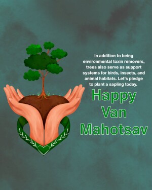 Hands holding a sapling with text 'Happy Van Mahotsav'