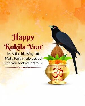 Image depicting a black bird perched on a decorated pot with the text 'Happy Kokila Vrat'