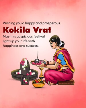 Image depicting a woman performing Kokila Vrat rituals with a Shiva Lingam and offerings.