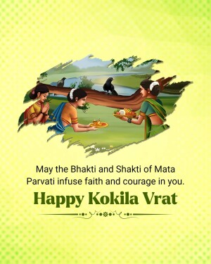 Illustration of women performing a ritual with a message wishing Happy Kokila Vrat
