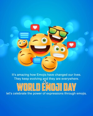 Colorful emojis with speech bubbles and hearts celebrating World Emoji Day