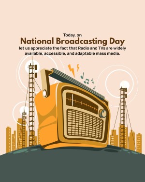 Illustration of a vintage radio with broadcasting towers and city skyline for National Broadcasting Day