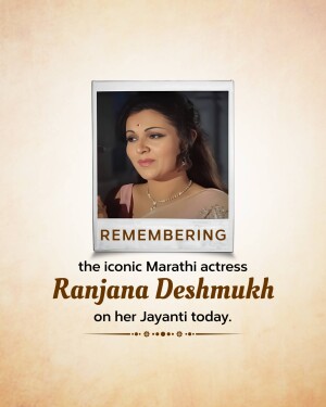 Portrait of Ranjana Deshmukh in a Polaroid frame with text commemorating her Jayanti