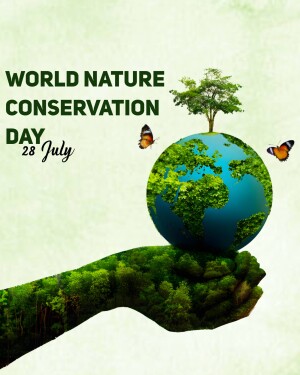A hand holding the Earth with a tree growing on top and butterflies flying around, promoting World Nature Conservation Day.
