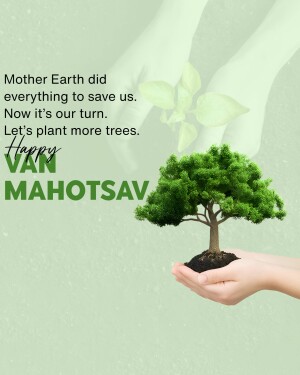 Hands holding a sapling with text promoting Van Mahotsav and tree planting.