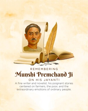 Portrait of Munshi Premchand with a quill and open book