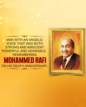 Portrait of Mohammed Rafi in a golden frame with text commemorating his death anniversary.