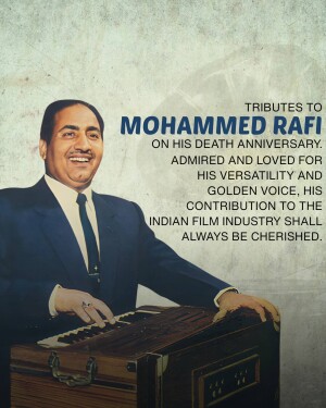 Portrait of Mohammed Rafi with a harmonium