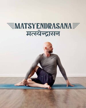 Man performing the Matsyendrasana yoga pose on a yoga mat.