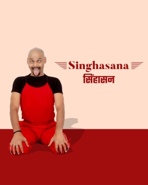 Man demonstrating the Singhasana yoga pose with a playful expression.