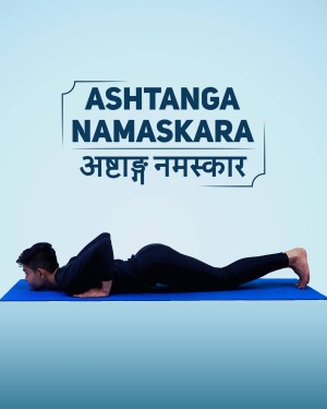 Man performing the Ashtanga Namaskara yoga pose on a blue yoga mat.