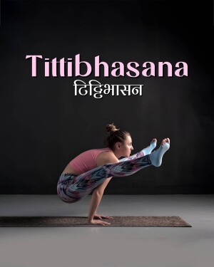Woman performing the Tittibhasana yoga pose on a mat.