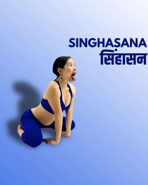 Woman demonstrating the Simhasana or Lion Pose in yoga