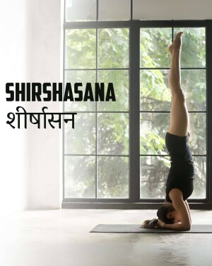 Woman performing Shirshasana (Headstand) yoga pose indoors near a window.