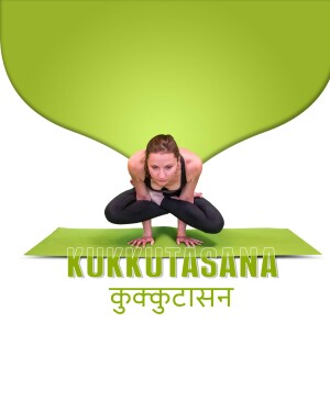 Woman performing the Kukutasana yoga pose on a green yoga mat.