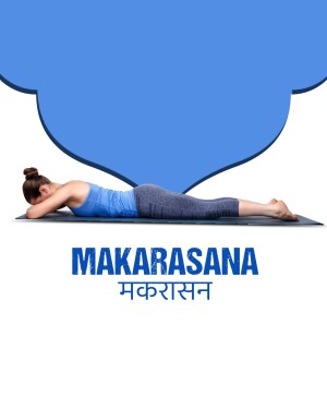Woman performing Makarasana yoga pose on a mat with text overlay.